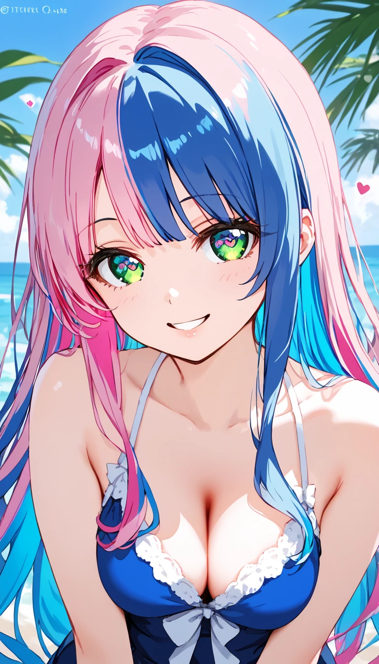 a female anime character wearing green eyes and blue hair smiling at the camera, 1girl, solo, heart, blue hair, pink hair, multicolored hair, blue eyes, long hair, multicolored eyes, looking at viewer