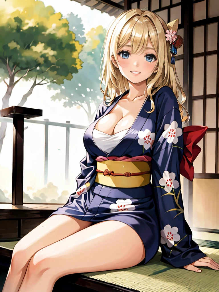 20 years old girl, blonde, wearing a Printed Silk Kimono, Sitting, cleavage