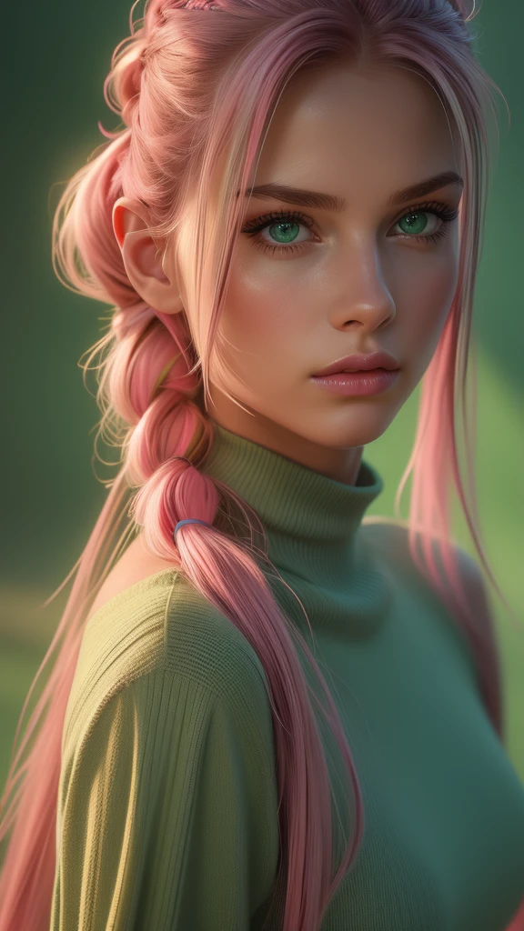 portrait, photorealistic, realistic,
girl, beautiful green eyes, clear skin, soft makeup, long streaked green/pink hair, ponytail, braids, bangs, realistic soft skin, tight body.