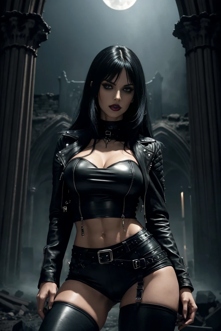 gothic rock woman Long black hair with bangs, thin waist, thick thighs, big breasts, six pack abs, toned legs, biceped, leather t-shirt, black leather jacket, Black leather pants, Black combat boots, Goth makeup, black eyeliner, woman, attractive body, hot body, thick thighs, very thin waist, six pack abs, thick lips gothic ancient Gothic Cathedral in front of the ruined altar of in front of the ruined altar of an ancient gothic cathedral at night in the moonlight in dense fog