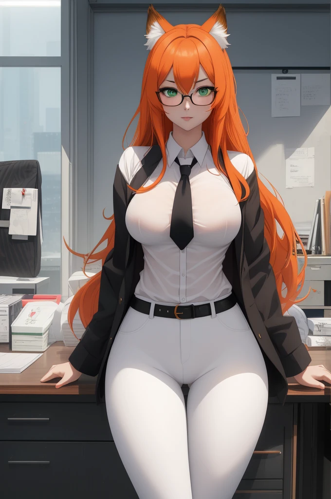 (masterpiece, Best quality), 8K, ultra detailed, realistic photo, Detailed face, perfect lighting, green eyes, bright orange hair, bright hair, fox ears, nice legs, side photo, beautiful, Cute, skin pores, 1 girl, perfect shirt, fully dressed, beautiful women 30 years old, Beautiful proportions, Russian woman, Caucasian, European, Business lady, stunningly beautiful woman, mother, thick legs, show ass, big breasts, (Thin white shirt:1.4), thick, hot, (White Office Wear:1.4), tight pants, (wide hips:1.2), thick, (white Office pants:1.3), spread your legs, Legs open, full length, wide hips, Glasses, with long orange hair, standing on the beach near the ocean, green eyes detailed digital anime art, cat ear, anime girl with long hair, гладкое аниме cg art, anime girl with long hair, digital anime art, work in Guweiz style, Beautiful anime portrait, Photorealistic render of an anime girl, pantyhose, Beautiful anime girl, advanced digital anime art, guweiz на artstation pixiv HD UHD HQ