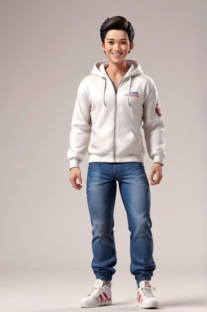 Indonesian male plastic action figure wearing a white zip hoodie with writing "Dehakims", short jeans, sneakers smiles at the camera, figure with box. Render 4D, 8k, high quality. high rendering.