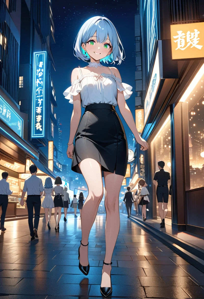 Light blue hair、Short Bob、Deep green eyes、Small breasts、white summer blouse、Black tight skirt、Black pumps、smile、Walking、Night City、Night view、best quality 