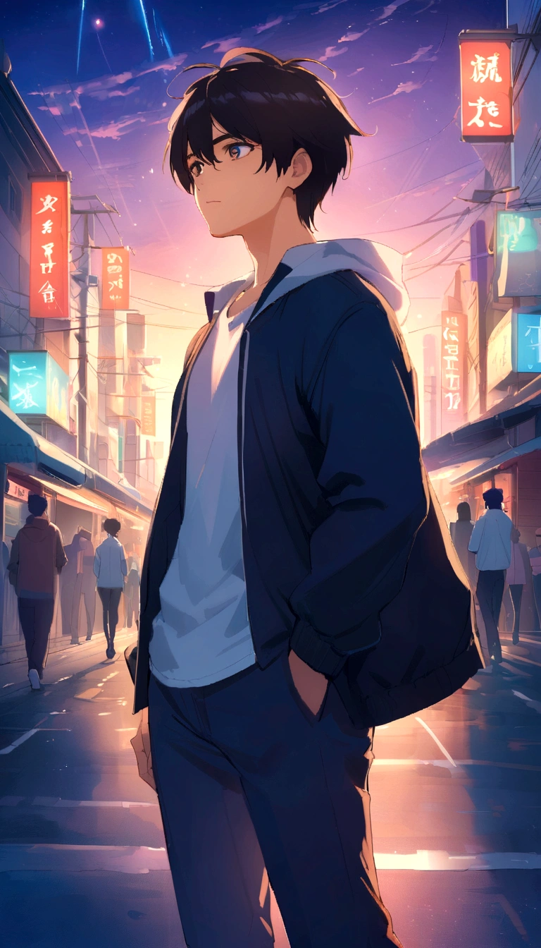 masterpiece、adult、30Generational Uncle、Twink、amount、30 years old、Black-haired、Black jacket、Black trousers、White T-shirt、Put your bangs up、amountを突き出す、Twink、Detailed drawn eyes、Handsome、In the city、Starry Sky、Mysterious Light、Dramatic Light、The power of film、