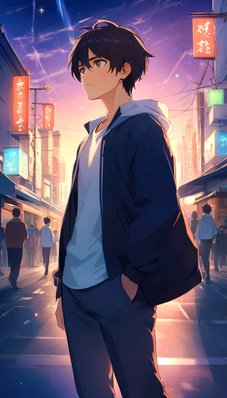 masterpiece、adult、３０Generational Uncle、Twink、amount、30 years old、Black-haired、Black jacket、Black trousers、White T-shirt、Put your bangs up、amountを突き出す、Twink、Detailed drawn eyes、Handsome、In the city、Starry Sky、Mysterious Light、Dramatic Light、The power of film、