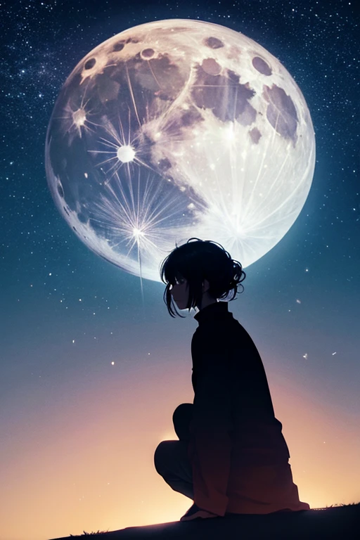 Highest quality,Big moon and shadow,A silhouette of a person can be seen against the backdrop of a large moon.,There is one full moon,There is a mood,Beautiful scenery,Starry Sky