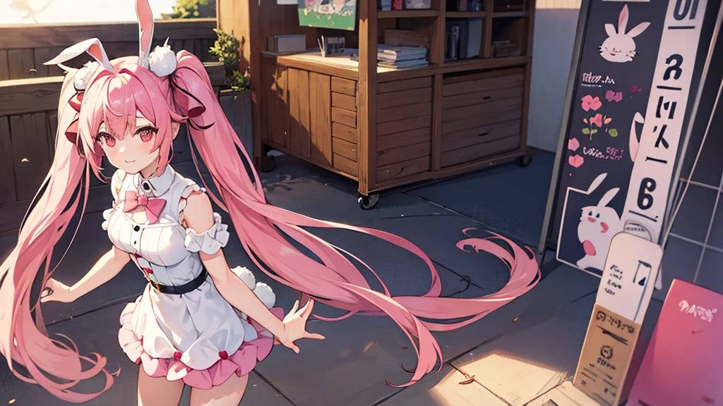 anime style, a girl with ears and bunny tail, With a rabbit tail, With rabbit ears, standing on sidewalk, portrait, anime image, long hair, pink hair, twintail hair, hair covering ears, happy, Polished and powerful look, out of tune, a nice dress, pink twintail hair and red eyes, in dress, Beautiful anime girl, Stand straight and look at the camera.