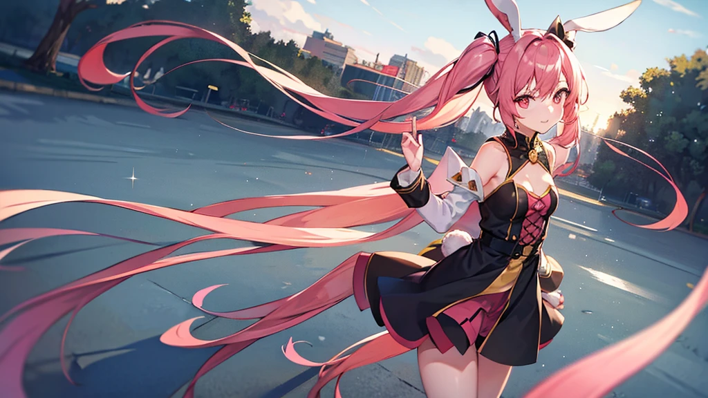 anime style, a girl with ears and bunny tail, With a rabbit tail, With rabbit ears, standing on sidewalk, portrait, anime image, long hair, pink hair, twintail hair, hair covering ears, happy, Polished and powerful look, out of tune, a nice dress, pink twintail hair and red eyes, in dress, Beautiful anime girl, Stand straight and look at the camera.