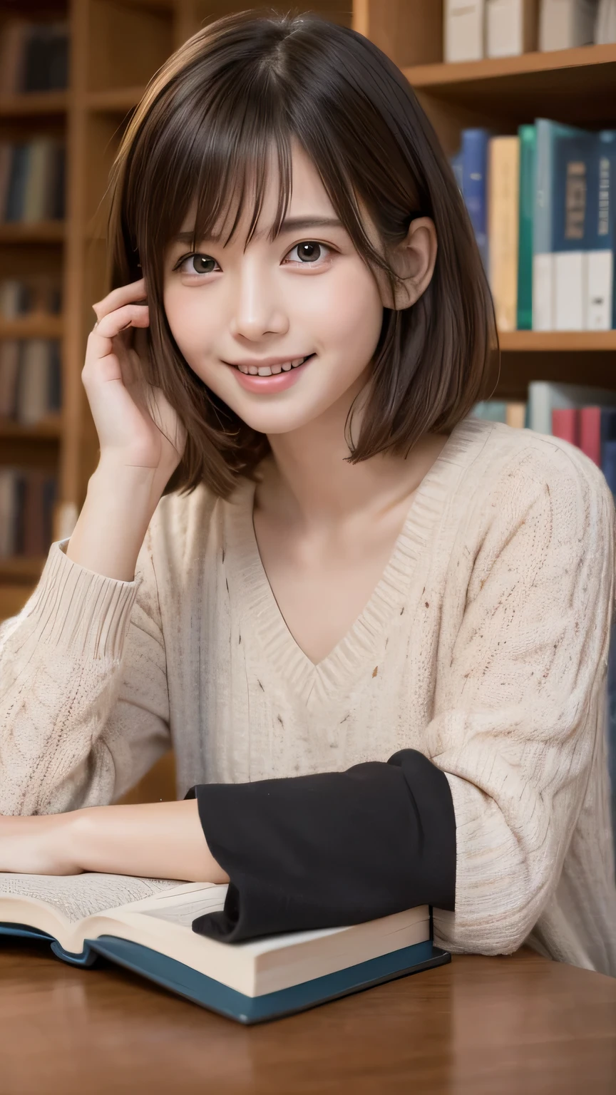 closeup shot , Best picture quality (8K, high resolution, Masterpiece: 1.2), super detailed, 215 Short Hair, 16-year-old woman,
situation: Reading a book in a library or cafe。
clothing: Casual sweater and denim、sneakers。
angle:
Close-up: Hands turning the pages of a book、A detailed shot of him reading a book with a serious expression。
Detailed depiction: The quiet atmosphere of a library or the warm lighting of a cafe as a backdrop、Emphasise concentration。
Emotional moment: The expression of someone engrossed in the book they are reading,、Capture the smile when you get to the interesting part。
, Close-up of face
, random cute pose ,big eyes ,Puffy eyes , Heart Pupil, blush , huge shy smile , salute