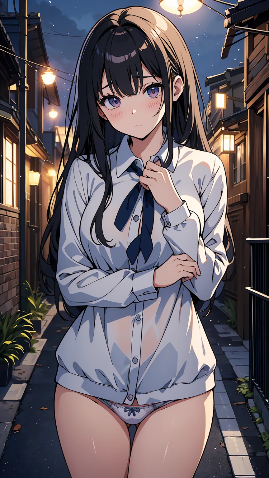 High resolution、4K quality、Best quality sister、sister、おsisterさん、Female college student、Holding the panties you took off in your hands、Glamorous Body、She is handing over her panties、Back alleys in the middle of the night、Embarrassed face、Browsing Caution