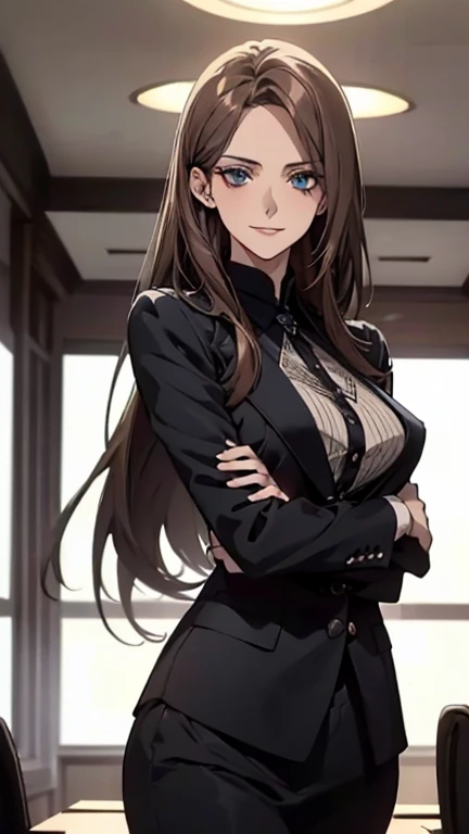 (Highest quality,High resolution,Very detailed),1 Girl, Beautiful and exquisite light blue eyes, Brown Hair, Cold Smile,Grudge,Indignant,Straight long hair tied back, Wearing a black suit, Mature Woman, Age 25,Cruel smile, Calm and Calm, Slim figure, Pale complexion, thin, Calm, In the conference room.secretary