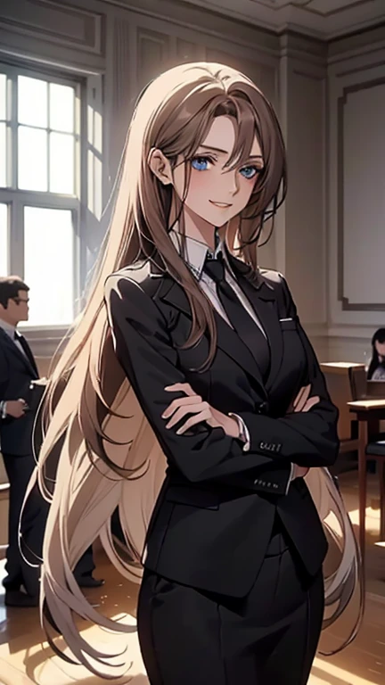 (Highest quality,High resolution,Very detailed),1 Girl, Beautiful and exquisite light blue eyes, Brown Hair, Cold Smile,Grudge,Indignant,Straight long hair tied back, Wearing a black suit, Mature Woman, Age 25,Cruel smile, Calm and Calm, Slim figure, Pale complexion, thin, Calm, In the conference room.secretary