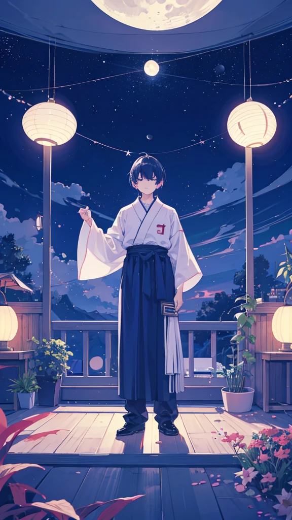 One man in a large room、look up、 night, moon, plant, star空、, star , night空、star座、dynamic、 scenery, Amaterasu, Wide Shot, moon、Ultra HD、Clearing、Different dimension、cloud