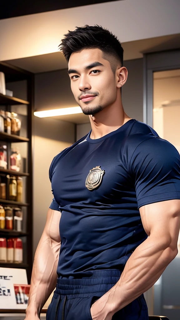 korea male male model sit on the table , big muscles, handsome, cool, smoothly combed hair, pierced ears, wearing a t-shirt navy top, holding a lollipop, portraiture, modeling, dynamic pose, Japanese street, late at night, store lights trade, full half body shot, kind_smile,  ,(open mouth:1.2), fullbodypolice officer, Korean Men ,facial hair, Full body, ,(Police badge) ,(Torn navy round neck shirt), (Navy blue round neck shirt.), (Abrasions on the body....: 1.3), (Navy Cargo Pants: 1.3), Short Hair Hair, (High shadow detail),Pectoral muscles, Big arm muscles, blood vessel, Big muscles, Wide shoulders, Abrasions on the body...., Abrasions on the face, nighttime , fire truck