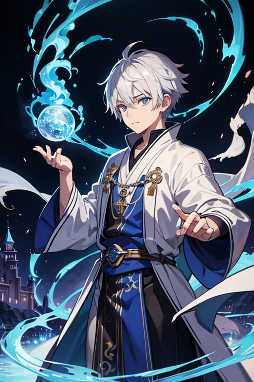 masterpiece, Highest quality, High resolution,Anime Style、Silver Hair、Short Hair、male、Wizard、Robe、magic、Blue Flame、With an ancient castle in the background