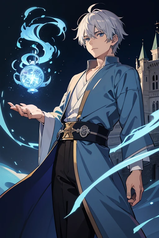 masterpiece, Highest quality, High resolution，Anime Style、Silver Hair、Short Hair、male、Wizard、Robe、magic、Blue Flame、With an ancient castle in the background
