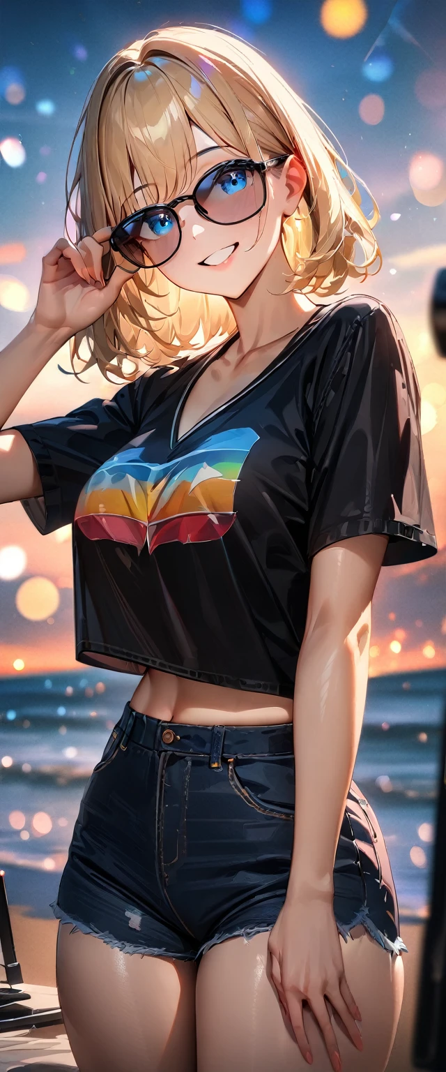 (((One girl))), ((beach)), noon, blond hair, bob cut, breasts, from front, (cowboy shot), standard body, (looking at viewer), ((black denim shorts)), ((black crop top overhang, v-neck)), short sleeves, ((sunglasses)), hand to sunglasses, midriff peek, teenager, head tilt:1.3, (((blue eye))), ((happy smile)), anime style, (best quality, 4k, 8k, highres, masterpiece:1.2, ultra-detailed, ultra-detailed eyes, HDR, UHD, studio lighting, ultra-fine painting, sharp focus, physically-based rendering, extreme detail description, professional, vivid colors, bokeh), ((Highest quality, Best image quality, Ultra-high resolution, Ultra-high resolution, solo, Strong eye highlights)), Depth of written boundary, Natural soft light, attractive, Beautiful Face, Cleanliness, Pure Face, nedium chest, Beautiful Face, Perfect Fingers, Perfect hands, Perfect body, Perfect Face, Shine a light into your eyes, Perfect Anatomy