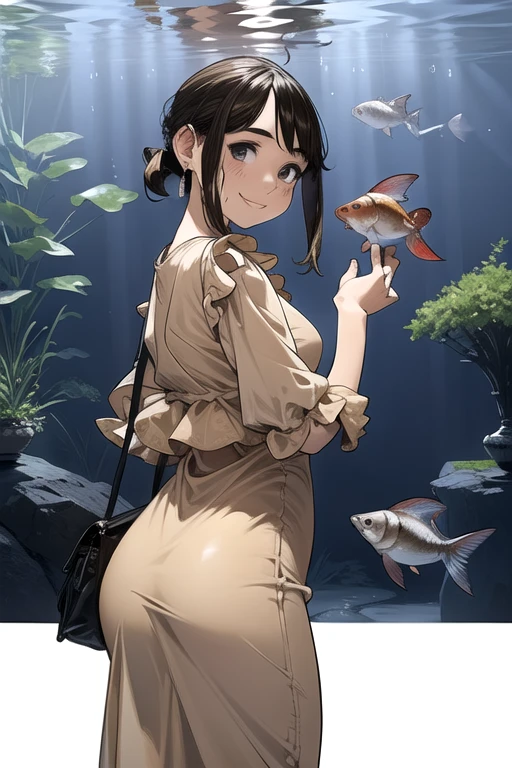 Very detailed, high quality:1.5, masterpiece, beautiful, Film Portraits,norfleet,(dark),((douki-chan)),short ponytail,office lady,jewelry,earrings,no sleeve,Shoulder,one piece,(((Beige long dress))),(((Tilt  head))),Put your hands behind your back,turn around,Ass,((aquariumの水槽)),Nobody is here,aquarium,(Red cheeks),((smile)),There are many fish swimming in the aquarium,Reflection of light,dark照明,beautiful脚,Shiny legs,Handbags,((Lovely)),very cute