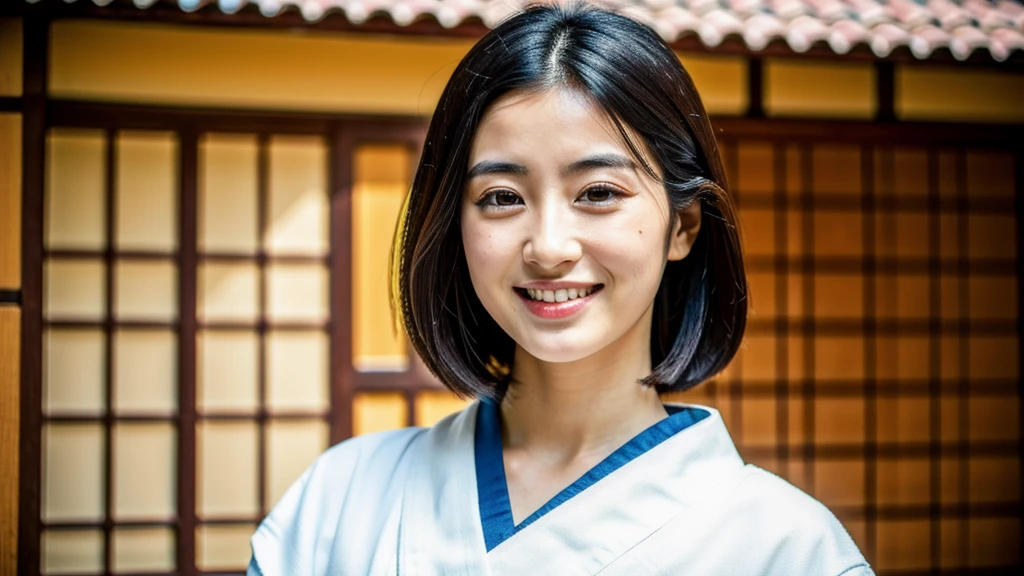 masterpiece,best quality,high resolution,8K,Realistic face,Realistic skin texture,magnified textures, 1 girl,Journalist girl, 19 years old,detailed eyes,Meiji period,geisha、Maiko、standing,erotic pose,black hair,Straight Hair、 pale skin、(big breasts),I can see your chest、(from front)、Elegant kimono、smile、shy,slim body,beautiful kanzashi,single eyegrid eyes,beautiful eyes,Holding a white towel、,look at viewer、straight nose、 live in a modest Japanese-style house.