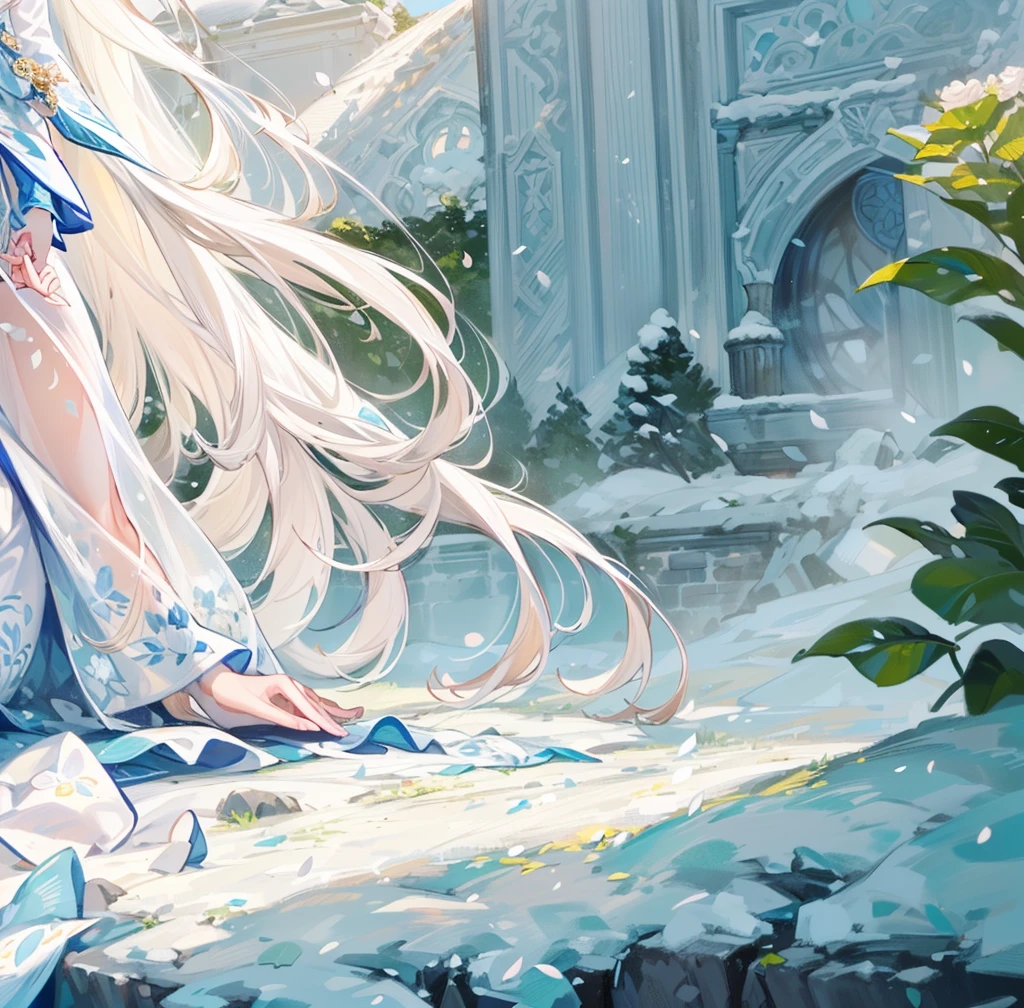 ((best quality,masterpiece,Extremely complex and exquisite details)),White long straight hair,(correct anatomy,Holding hands on the ground),(Exquisite light blue and white clothing,Beautiful bright and exquisite snow white ancient style high transparent architectural background),(Rose,Snow,Falling Flowers,Majestic and elegant outdoors)