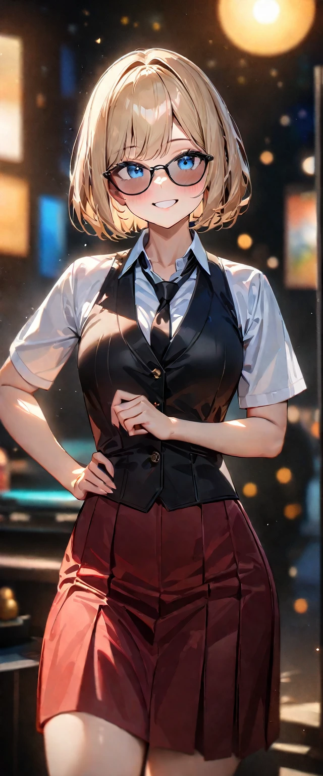 (((One girl))), blond hair, bob cut, (cowboy shot), (looking at viewer), (open collar), ((sunglasses)), ((black tie under the waistcoat)), face in focus, ager, head tilt:1.3, (((blue eye))), ((happy smile)), ((blush)), contrapposto, one hand on hip, school summer uniform, white shirts, skirt, black waistcoat, anime style, (best quality, 4k, 8k, highres, masterpiece:1.2, ultra-detailed, ultra-detailed eyes, HDR, UHD, studio lighting, ultra-fine painting, sharp focus, physically-based rendering, extreme detail description, professional, vivid colors, bokeh), ((Highest quality, Best image quality, Ultra-high resolution, Ultra-high resolution, solo, Strong eye highlights)), Depth of written boundary, Natural soft light, attractive, Beautiful Face, Cleanliness, Pure Face, nedium chest, Beautiful Face, Perfect Fingers, Perfect hands, Perfect body, Perfect Face, Shine a light into your eyes, Perfect Anatomy