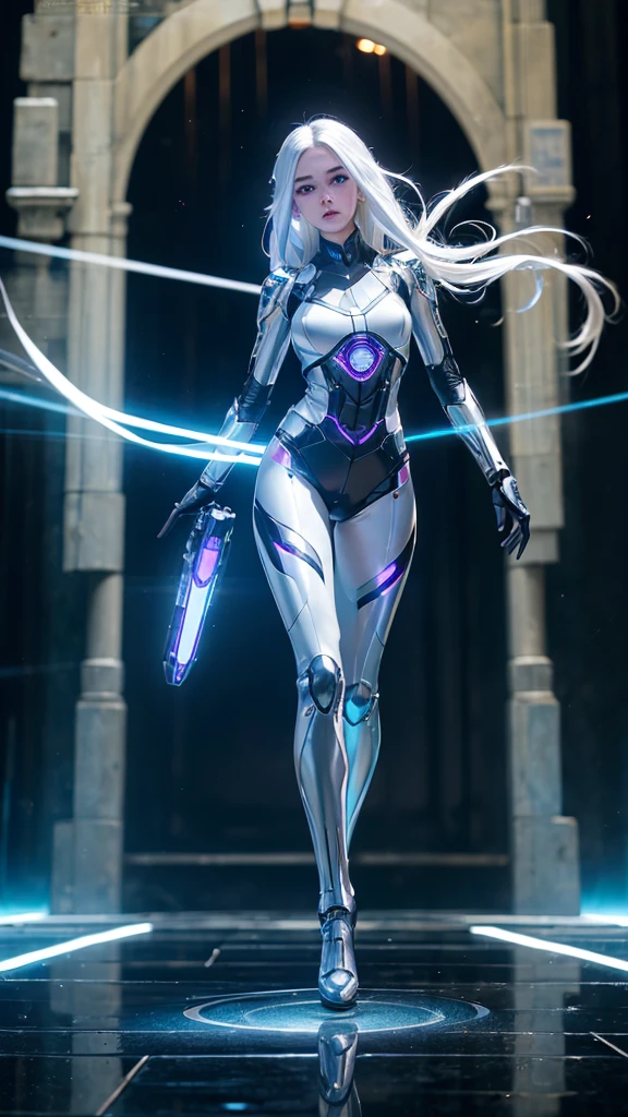 1girl, ultra realistic, ultra crisp, NVIDIA RTX, unreal engine, perfect slim body, realistic face, perfect face, realistic body, ultra skin details, ultra skin reflection details, white hair, hair blown with strong winds, hyper lights rendering, ultra details, glowing eyes, purple eyes, blush, parted lips, cybernetic ear, cinematic lights, glowing cybernetic metalic hands, glowing cybernetic metalic legs, luminous cybernetic futuristic metalic mechanical body, ultra realistic lights reflection details, ((full body shown)), from below, posing in the middle.
