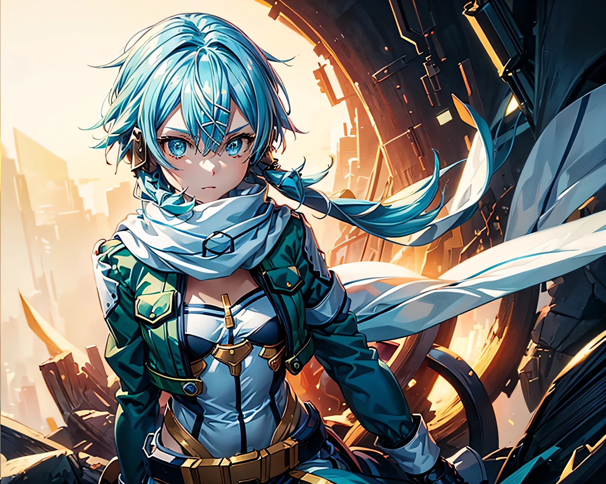 masterpiece, Best image quality, Extremely vivid, Anime girl with short blue hair, sinon1, scarf, small, Blue-light blue gradient thin-framed eyes, cyberpunk, short pale blue hair, (Wearing scarf, long sleeves, short shorts, hair ornament, hairclip, green thighhighs, green jacket, thigh strap), upper body, breasts, dynamic posture, golden section, Large aperture portrait, Cool colors, Strong visual impact, blank, Light and shadow contrast, Super texture, Super detailed textures, sunset, Super clear pictures, medium long shot, pure white background, simple pictures