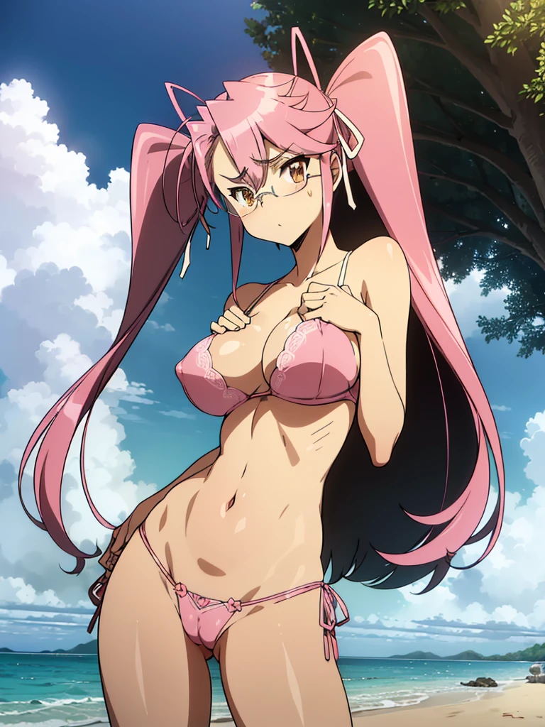 Nsfw,Hayatakagi, Hajime Takagi, Long hair, bow ribbon, (Twin-tailed:1.3), (Brown eyes:1.5), Hair Ribbon, Pink hair, (eye glasses:1.3),,(looking at the viewers:1.3),BREAK (masutepiece:1.2), Best Quality, High resolution, Unity 8k Wallpaper, (Illustration:0.8), (Beautiful detailed eyes:1.6), extra detailed face, Perfect Lighting, extremely details CG, (Perfect hands, Perfect Anatomy),(pink bikinis:1.3),(the beach:1.3),Naughty big、thighs thighs thighs thighs、solo, transparent super micro small and tight lace lingerie, half naked, very big breast, detailed nipples, deep cameltoe, barely spread legs, caderas anchas, extra small bra, g string