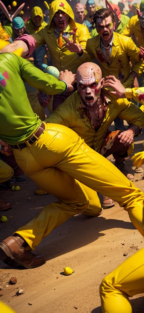 While surrounded by zombieaster men in yellow clothes are fighting