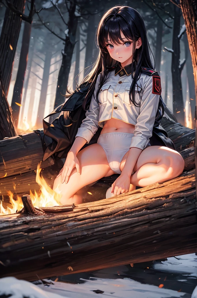 Best image quality, forest, Bonfire, midnight, uniform, army, ""White underwear"", stand, Spread your legs, Rainfall, Black Hair, ""woman"",