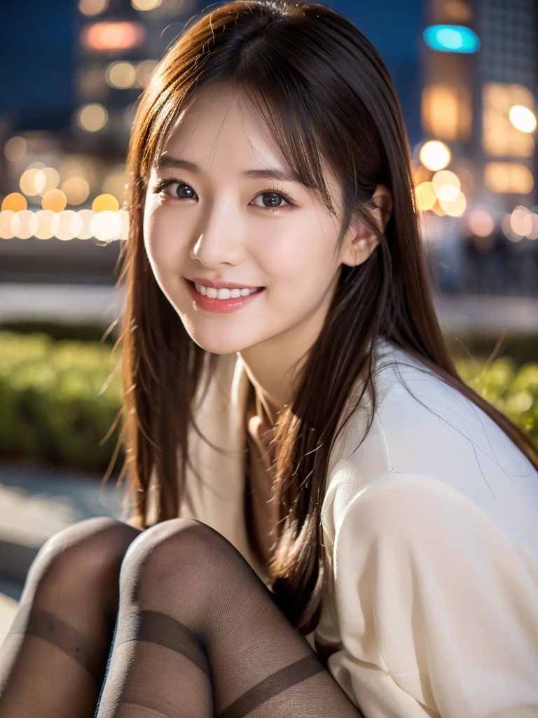 8k, (Raw photo:1.2), (Photorealsitic), Beautiful detailed, Famous popular actresses、 (Real: 1.4), extremely detailed eye and face, beatiful detailed eyes, ((Dazzling night illumination plaza:1.2)), ((Women's Suits:1.3, Ultra-realistic pantyhose:1.2))、selfee、Instagram、harsh trial, Please look at the camera and raise your hand、huge filesize, hight resolution, ighly detailed, top-quality, [​masterpiece:1.6], illustratio, ighly detailed, nsfw, finely detail, top-quality, 8k wallpaper, Cinematographic lighting, 1 milf, 21 year old, perfect body type, Beautiful big drooping eyes、Pieckfinger, ((masutepiece)), Best Quality, eye shadow,  high-heels、Portrait、(Very affectionate smile:1.2)、realistic skin textures、shinny skin、Exposed thighs, low angle photo,