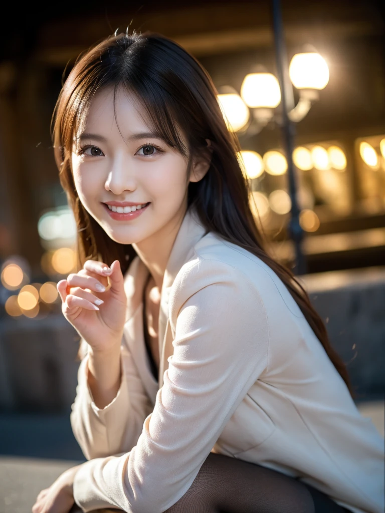 8k, (Raw photo:1.2), (Photorealsitic), Beautiful detailed, Famous popular actresses、 (Real: 1.4), extremely detailed eye and face, beatiful detailed eyes, ((Dazzling night illumination plaza:1.2)), ((Women's Suits:1.3, Ultra-realistic pantyhose:1.2))、selfee、Instagram、harsh trial, Please look at the camera and raise your hand、huge filesize, hight resolution, ighly detailed, top-quality, [​masterpiece:1.6], illustratio, ighly detailed, nsfw, finely detail, top-quality, 8k wallpaper, Cinematographic lighting, 1 milf, 21 year old, perfect body type, Beautiful big drooping eyes、Pieckfinger, ((masutepiece)), Best Quality, eye shadow,  high-heels、Portrait、(Very affectionate smile:1.2)、realistic skin textures、shinny skin、Exposed thighs, low angle photo,