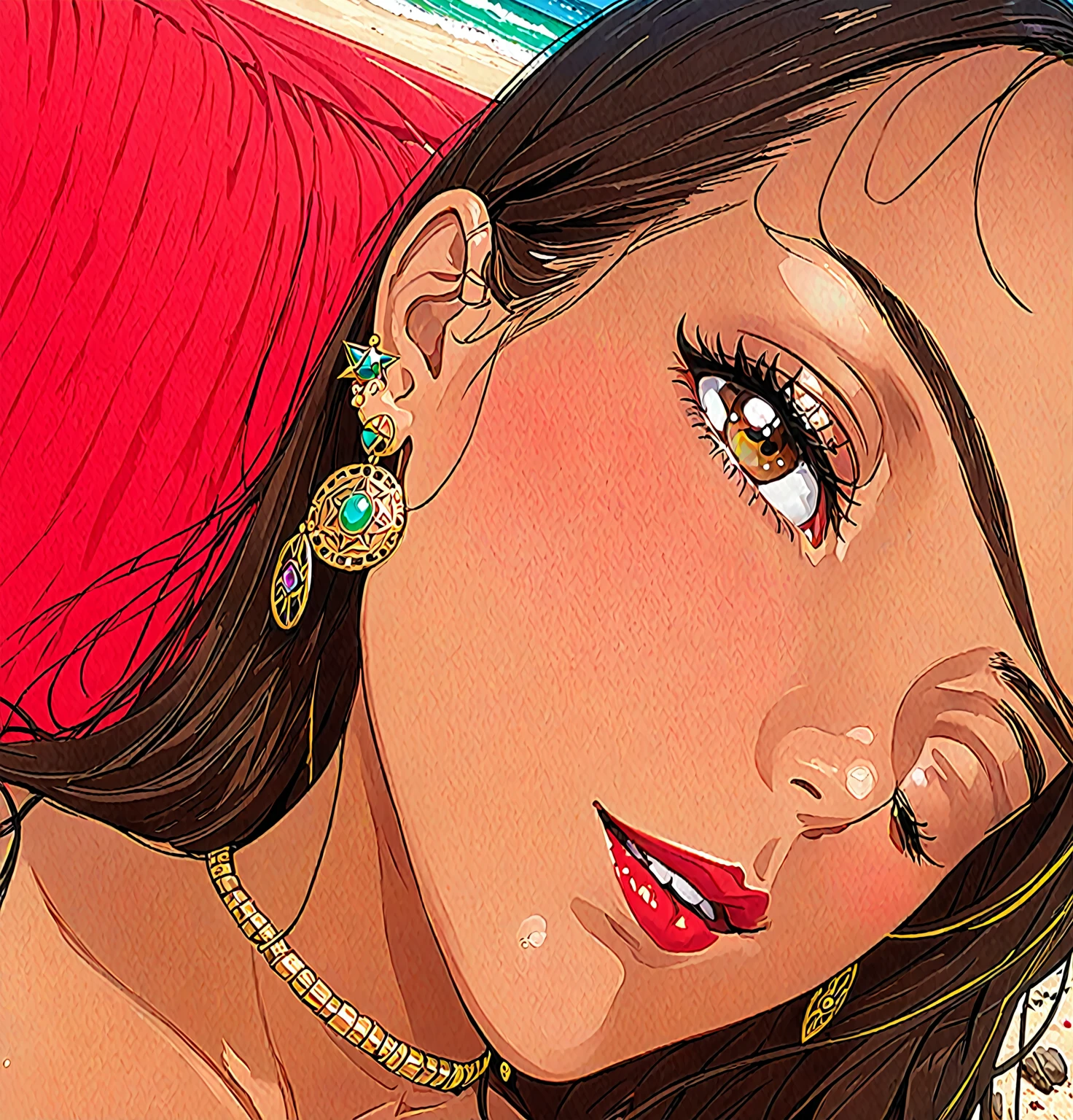 there is a woman with a necklace and earrings laying on a beach, ayahuasca, very very low quality picture, beautiful latin face, gold arete, Beautiful Mexican woman, 3 0 year old woman, 30 year old woman, instagram post, earrings, arete, selfie of a young woman, very very low quality, huge earrings and queer make up, drilling