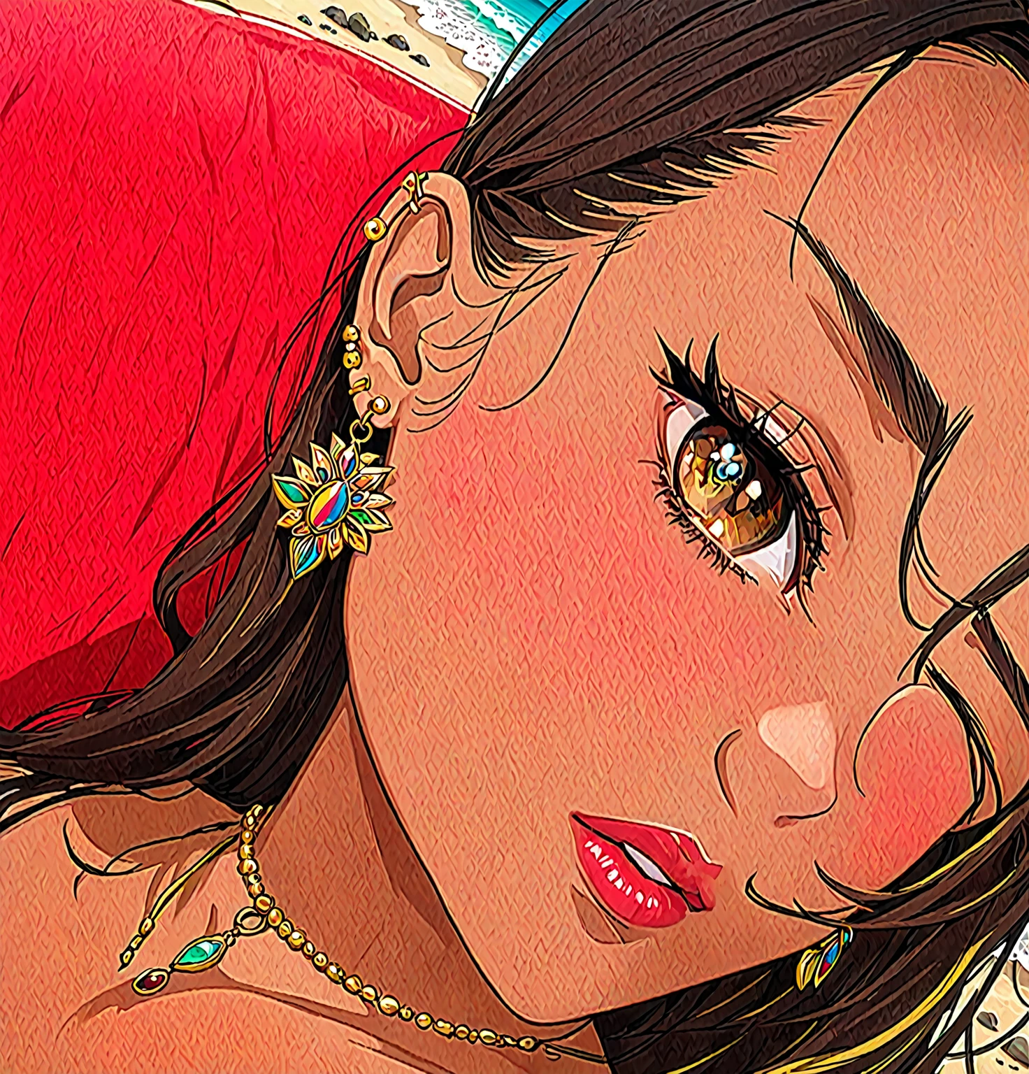 there is a woman with a necklace and earrings laying on a beach, ayahuasca, very very low quality picture, beautiful latin face, gold arete, Beautiful Mexican woman, 3 0 year old woman, 30 year old woman, instagram post, earrings, arete, selfie of a young woman, very very low quality, huge earrings and queer make up, drilling