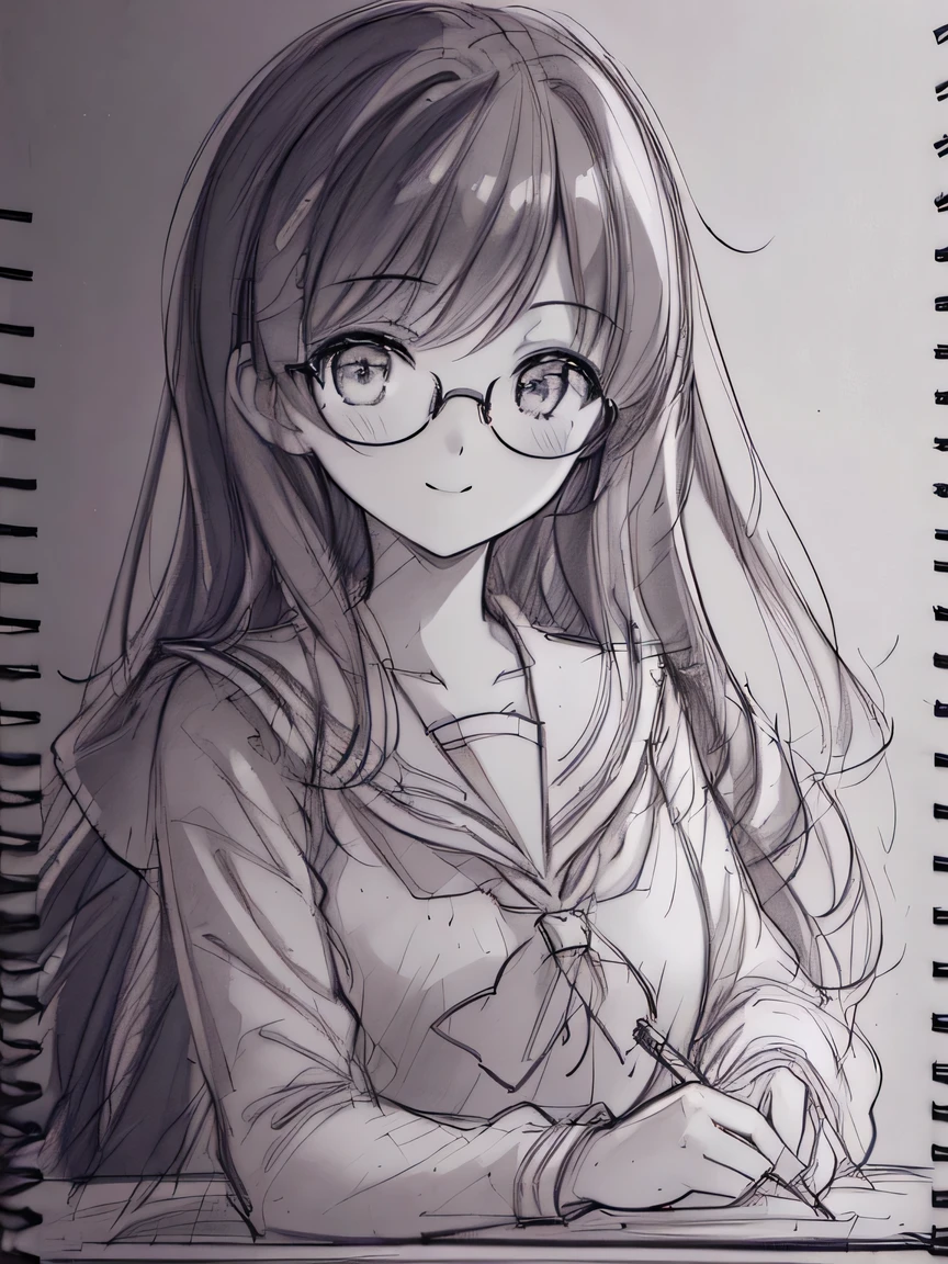 masterpiece, best quality, ultra-detailed, extremely detailed, 4K, 8K, best quality, beautiful, (Line Art:1.2), (sketch:1.4), (croquis:1.8), pencil drawing, traditional media, monochrome, greyscale, white background, upper body, a cute girl, 1girl, solo, sailor suit, beautiful black hair, beautiful eyes, glasses, light smile.