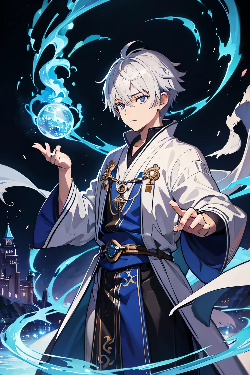masterpiece, Highest quality, High resolution,Anime Style、Silver Hair、Short Hair、male、Wizard、Robe、magic、Blue Flame、With an ancient castle in the background