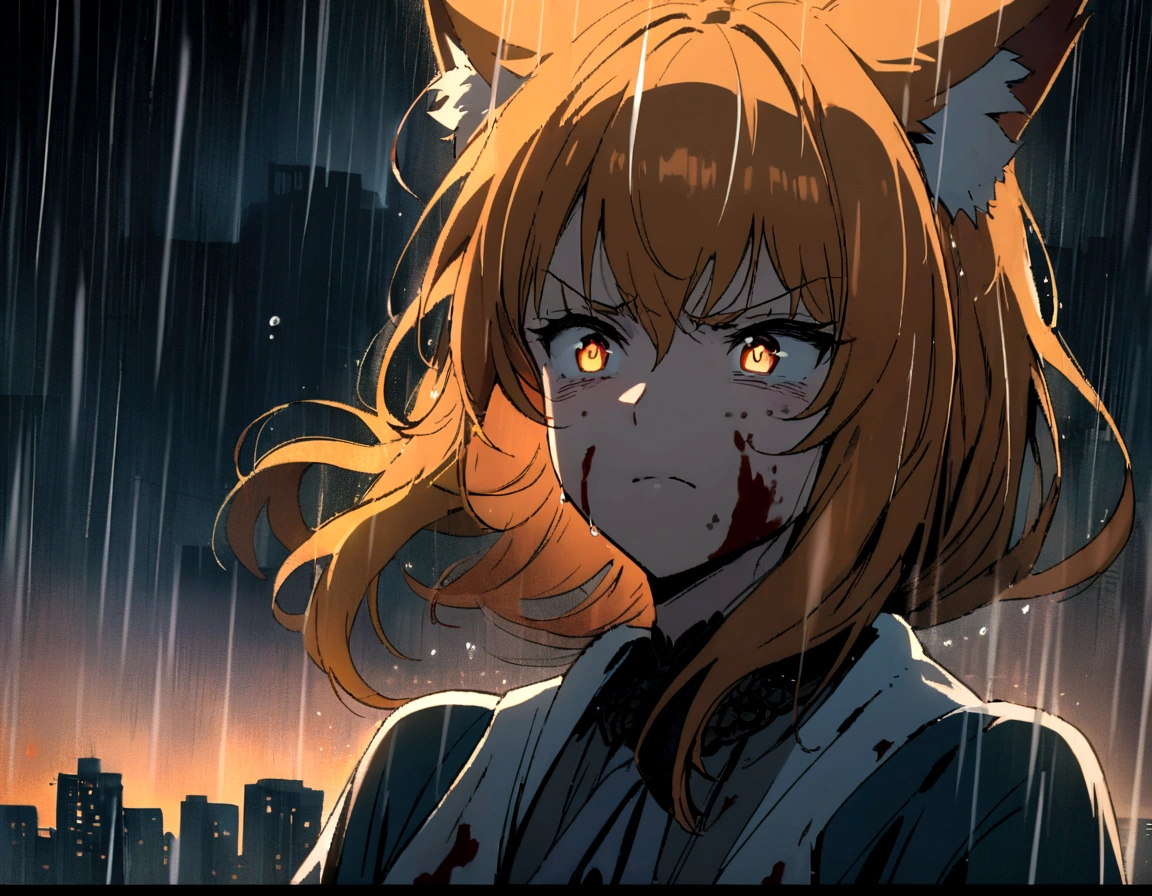 A beautiful anime-style fox girl with orange hair, angry expression, hurting herself, blood on her face, teary eyes basking in the rain, cityscape background, , rain effects, moody lighting,, cinematic composition, , dramatic atmosphere