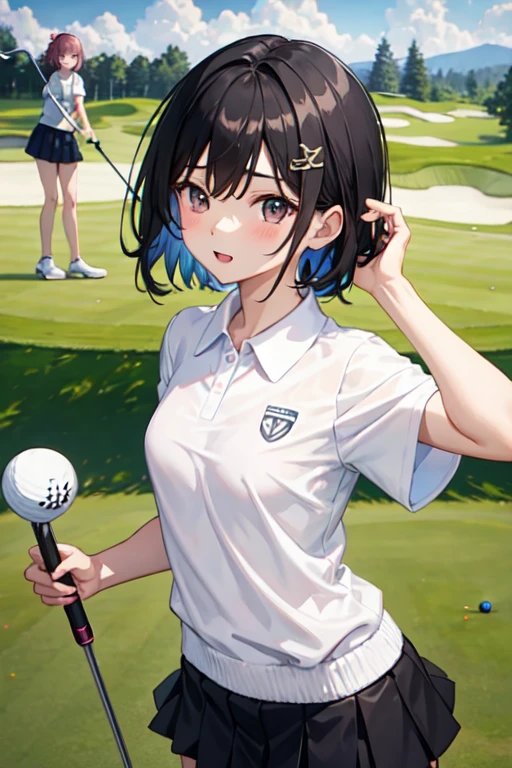Black Hair、Iris、short hair、girl、、cute、、Golf Wear、Small hair ornament、White shirt on the upper body、The lower half of the body is a pink mini skirt.、Golf club in hand、The skirt flutters in the wind、I can see your pants、On the grass、The background is a golf course