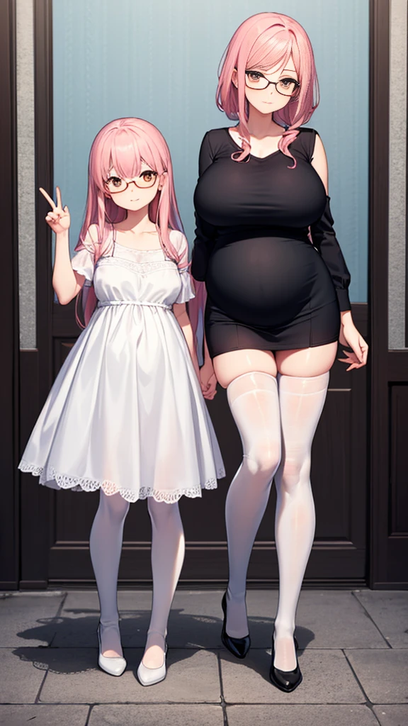 (Full body, glasses, detailed), An image of a mother with her daughter. The mother is pregnant and has pink hair, orange eyes, big breasts and she is wearing a light blue shirt, a black skirt and white thighhighs. The daughter is not pregnant and has the same hair and eyes as her mother and she is wearing a white wavy dress