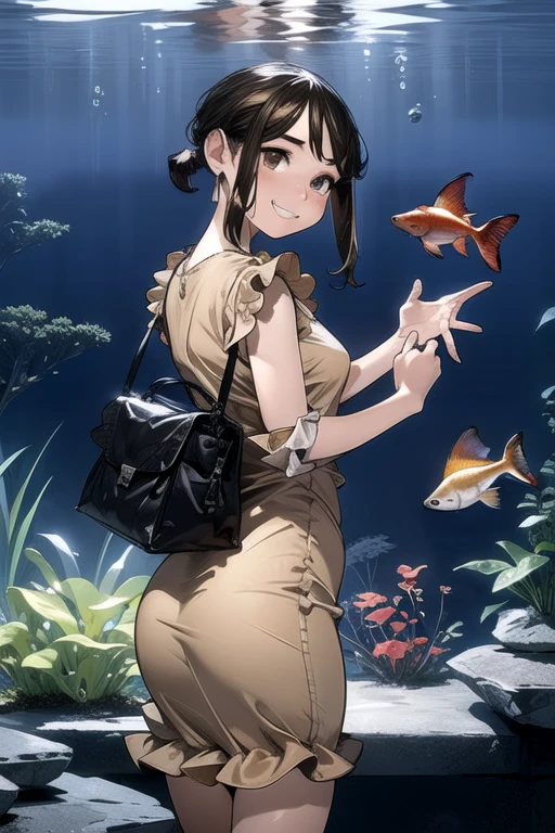 Very detailed, high quality:1.5, masterpiece, beautiful, Film Portraits,norfleet,(dark),((douki-chan)),short ponytail,office lady,jewelry,earrings,no sleeve,Shoulder,one piece,(((Beige long dress))),(((Tilt  head))),Put your hands behind your back,turn around,Ass,((aquariumの水槽)),Nobody is here,aquarium,(Red cheeks),((smile)),There are many fish swimming in the aquarium,Reflection of light,dark照明,beautiful脚,Shiny legs,Handbags,((Lovely)),very cute