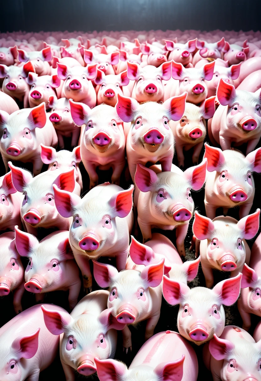 A lot of pigs,White、black、Pink pig,Stacked on top of each othell the screen,Hyper-exposure
