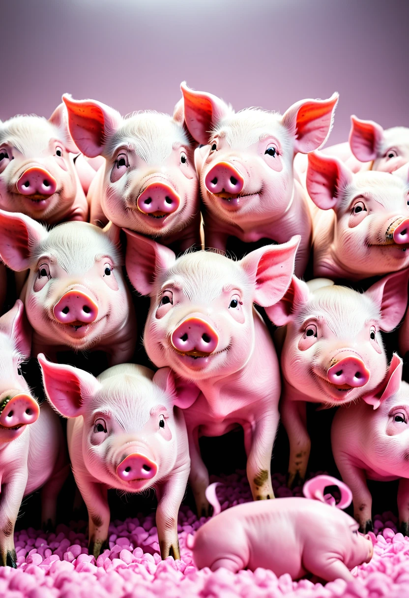 A lot of pigs,White、black、Pink pig,Stacked on top of each othell the screen,Hyper-exposure