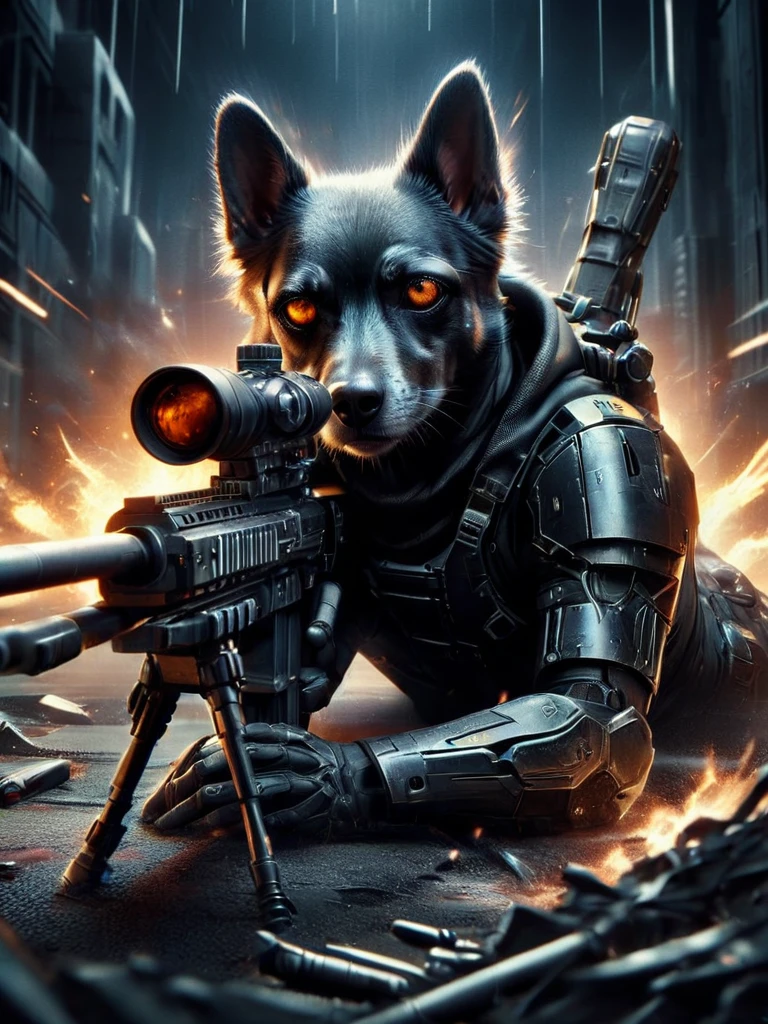 a ratero mallorquin dog in white and black and brown colors, in a cyberpunk style body suit, sunglasses,black gloves, movie poster, matrix style, explosions, film grain
Sniper Rifle