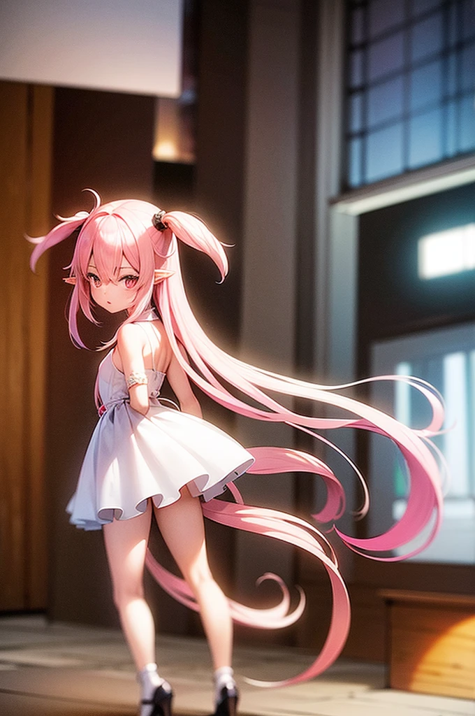 anime style, a girl with ears and bunny tail, With a rabbit tail, With rabbit ears, girls design, Second-rate, portrait, gisha, anime image, long hair, pink hair, twintail hair, hair covering ears, happy, Polished and powerful look, out of tune,cute anime waifu in a nice dress, pink twintail hair and red eyes, Stand straight and look at the camera.