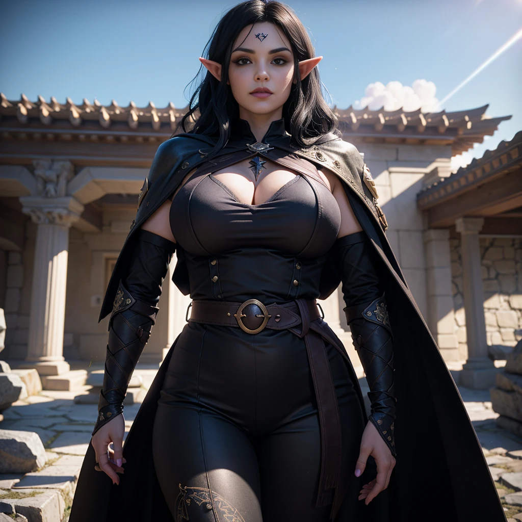 ((Best quality)), ((masterpiece)), (detailed: 1.4), 3D, (half-elf sorceress), (black hair, purple eyes:1.5, pale brown skin), (black robe, purple sleeves, grey pants, black boots and black armbands), (huge tits, big booty, short, curvy), (heavy gothic makeup), HDR (High Dynamic Range),Ray Tracing,NVIDIA RTX,Super-Resolution,Unreal 5,Subsurface dispersion, PBR texture, Post-processing, Anisotropic filtering, Depth of field, Maximum clarity and sharpness, Multilayer textures, Albedo and specular maps, Surface shading, Accurate simulation of light-material interaction, Perfect proportions, Octane Render, Two-tone lighting,Wide aperture,Low ISO,White balance,Rule of thirds,8K RAW,