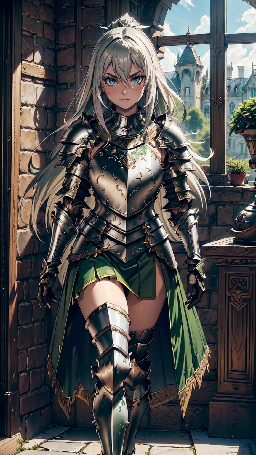最high quality、Ultra High Definition, Ultra High Quality, Hyper Definition, Hyper Quality, Hyper Detailed, Extremely Detailed, Perfectly Detailed, Best image quality、masterpiece、woman((20-year-old、super dynamic pose , legs bent at the knees, Green solid eyes, Silver long Hair、Disheveled Hair、Long White Hair、thin,  Glove、Green Skirt, Noble Armor, Smirk、Detailed Cuirass , Dressed in Full Coverage Noble Plate Armor)),high quality、Beautiful art、background((Inside the mansion))、Written boundary depth、  movie、Visual Arts、Perfect art、8K,Genuine、