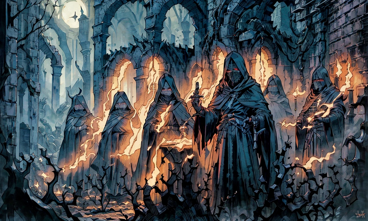 a group of people in robes standing in a dark room, dark robes, wearing dark robes, black robes, dark, nazgul, dark cinematic concept art, greek dark ritual myth, robed figures sat around a table, kramskoi 4 k, unholy gathering, photorealistic dark concept art, occult robes, medieval dark fantasy, dark robed, dark entities