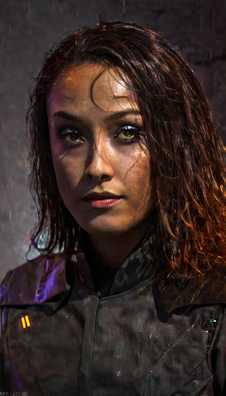 battle damage , missing arm ,bright yellow eyes, ultra-detailed,vibrant colors,sci-fi,portrait,dramatic lighting,detailed facial features,dark background,long hair,glowing eyes,futuristic clothing,expressionless face,metallic texture,bright highlights,high contrast,radiant colors,artificial intelligence theme,sharp focus,technological elements,shadows and highlights,ethereal glow,neon lights,stormy atmosphere,otherworldly setting,unconventional composition,sharp lines,sleek design,mysterious atmosphere,unearthly beauty,digital enhancements,advanced technology,glowing circuitry,abstract background,ominous presence,subtle reflections,energetic pose,unique perspective,foreshortening effect,symmetrical composition,imposing presence,dynamic energy,striking visual impact,translucent overlays,organic and mechanical fusion.