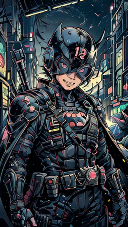 (8k),(masterpiece),(Japanese),(13-year-old boy),((innocent look)),((Childish)),From the front,smile,cute,Innocent,Kind eyes,Flat chest, Black Helmet, Black Domino Mask, Black Cape, Batman Costume,short,Hair covered by the helmet,Black Hair,Strong wind,night,dark, Neon light cyberpunk city