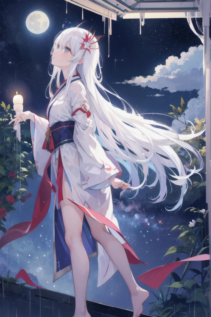 One girl,nightの街,rain, large room、look up、 night, moon, plant, star空、, star , night空、star座、dynamic、 scenery, Amaterasu, Wide Shot, moon、Ultra HD、Clearing、Different dimension、cloud